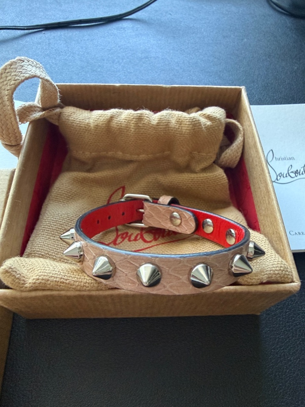 Christian Louboutin Pink Textured Leather Bracelet with Red Lining
